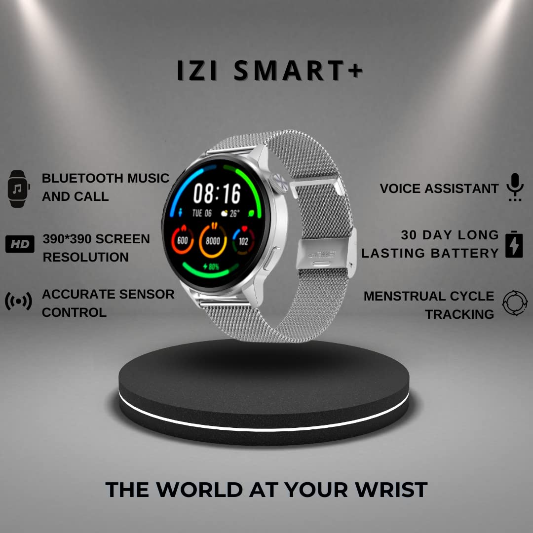 IZI Smart Plus Calling Fitness GPS Trajectory NFC Watch | Retina HD Frameless 4D Display | Health Suite & Sports Tracking | AI Voice Assistant | 200+ Watch Faces (Round + Grey Metal) - IZI