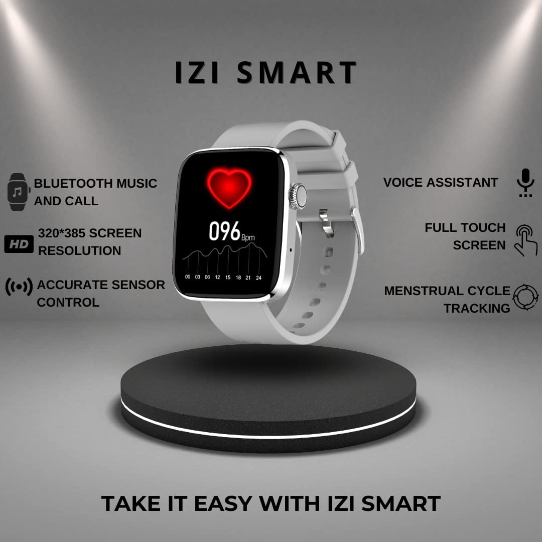 IZI Smart Calling Fitness Smartwatch | Ultra 3D Full Touch HD | Health Suite and Sports Tracking Mode | AI Voice Assistant | 200+ Watch Faces (Square + Grey Silicone) - IZI