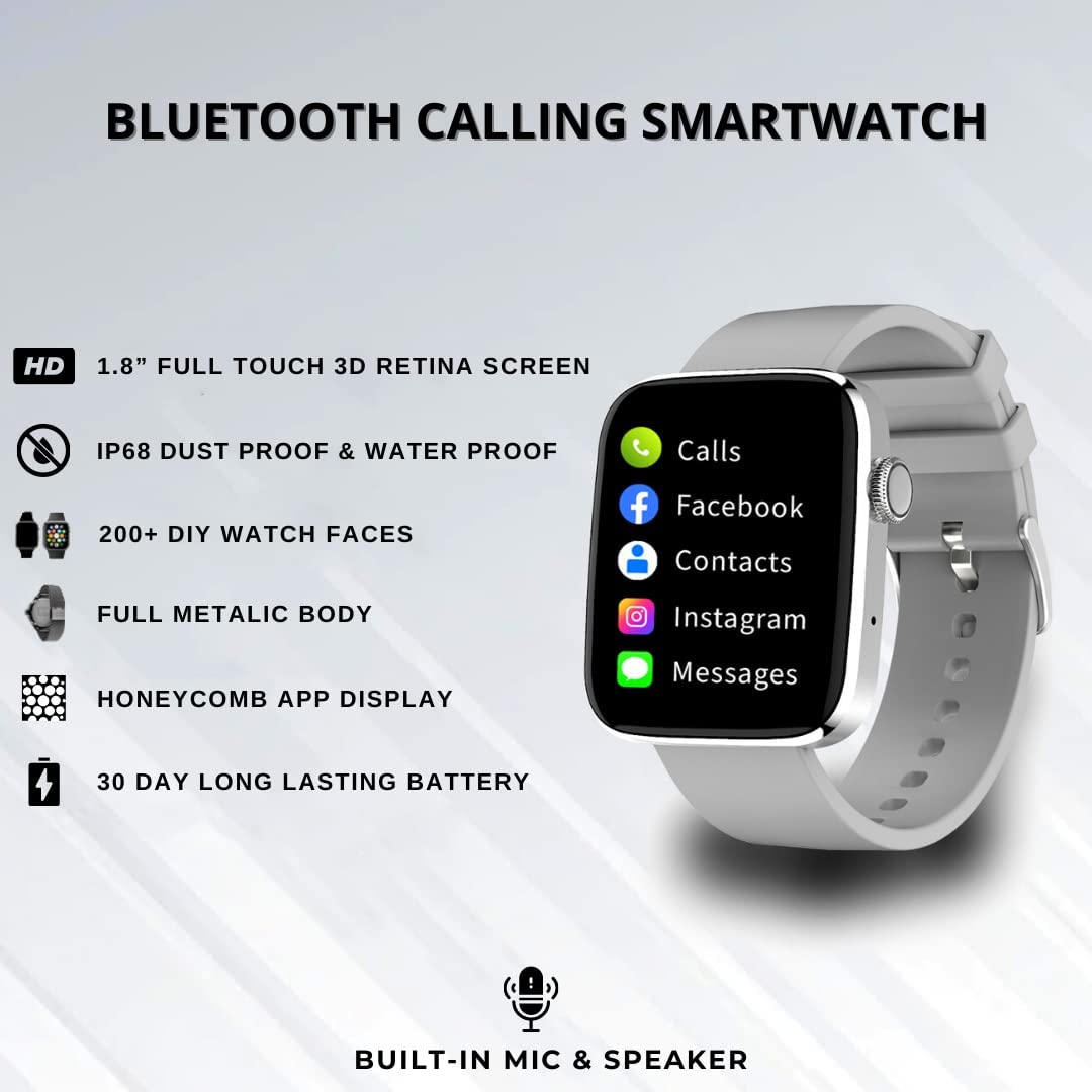 IZI Smart Calling Fitness Smartwatch | Ultra 3D Full Touch HD | Health Suite and Sports Tracking Mode | AI Voice Assistant | 200+ Watch Faces (Square + Grey Silicone) - IZI