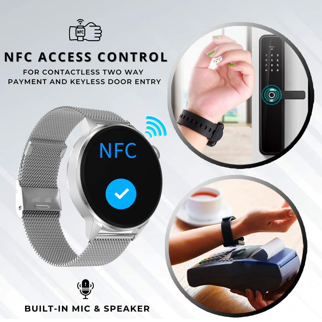 IZI Smart Plus Calling Fitness GPS Trajectory NFC Watch | Retina HD Frameless 4D Display | Health Suite & Sports Tracking | AI Voice Assistant | 200+ Watch Faces (Round + Grey Metal) - IZI