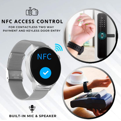 IZI Smart Plus Calling Fitness GPS Trajectory NFC Watch | Retina HD Frameless 4D Display | Health Suite & Sports Tracking | AI Voice Assistant | 200+ Watch Faces (Round + Grey Metal) - IZI