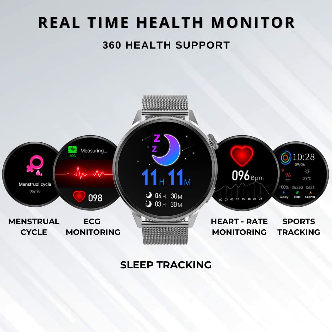 IZI Smart Plus Calling Fitness GPS Trajectory NFC Watch | Retina HD Frameless 4D Display | Health Suite & Sports Tracking | AI Voice Assistant | 200+ Watch Faces (Round + Grey Metal) - IZI