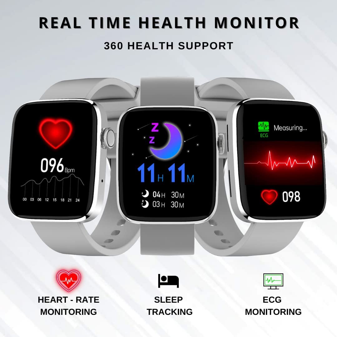 IZI Smart Calling Fitness Smartwatch | Ultra 3D Full Touch HD | Health Suite and Sports Tracking Mode | AI Voice Assistant | 200+ Watch Faces (Square + Grey Silicone) - IZI