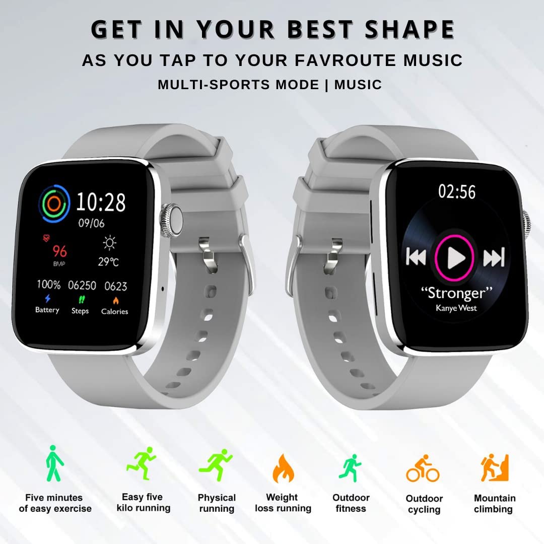 IZI Smart Calling Fitness Smartwatch | Ultra 3D Full Touch HD | Health Suite and Sports Tracking Mode | AI Voice Assistant | 200+ Watch Faces (Square + Grey Silicone) - IZI
