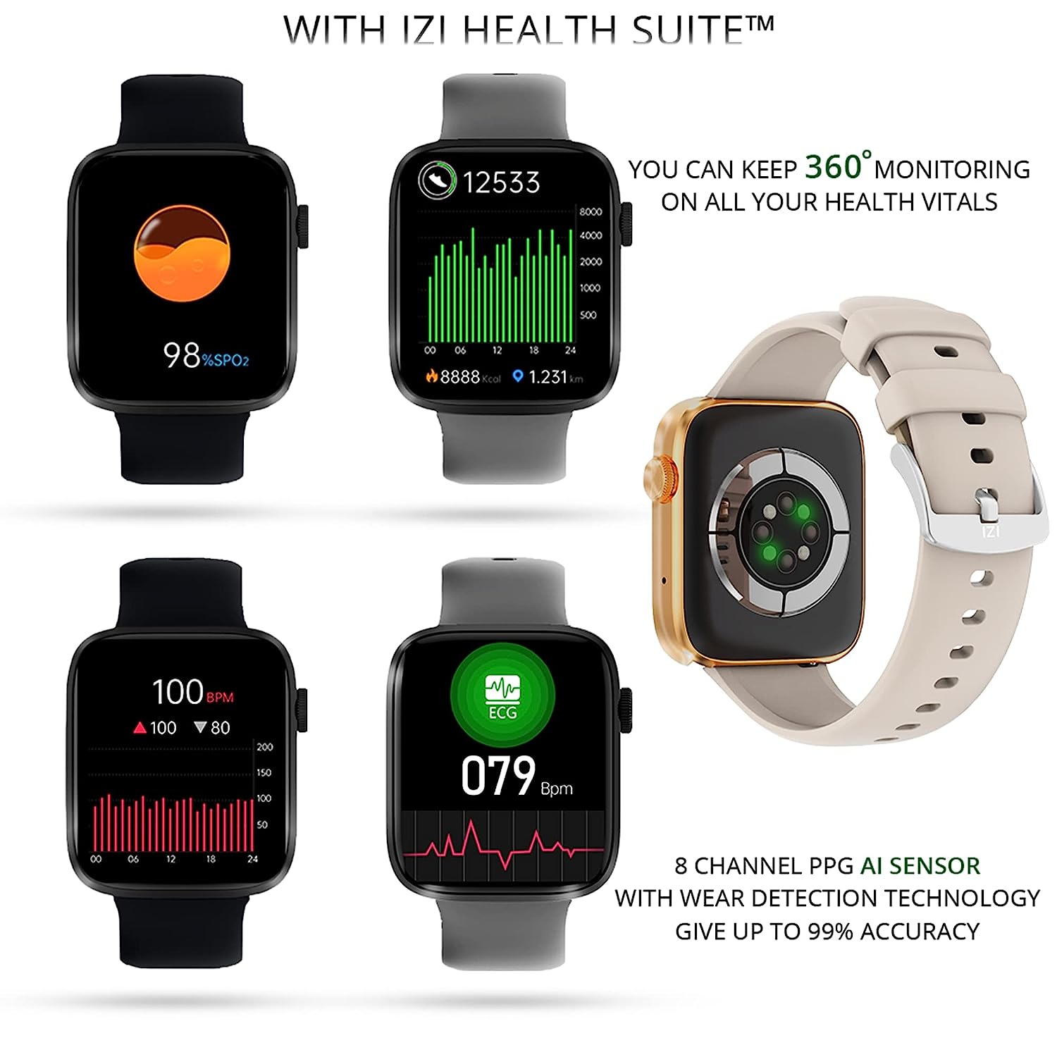 IZI Smart Pro 1.92"Retina Display Bluetooth Calling SmartWatch, Always on Display, AI Voice Assistant, Activity Tracker, ECG, SPO2, BP, 500+ WatchFaces, 5 Days Battery, 2 Premium Straps - IZI