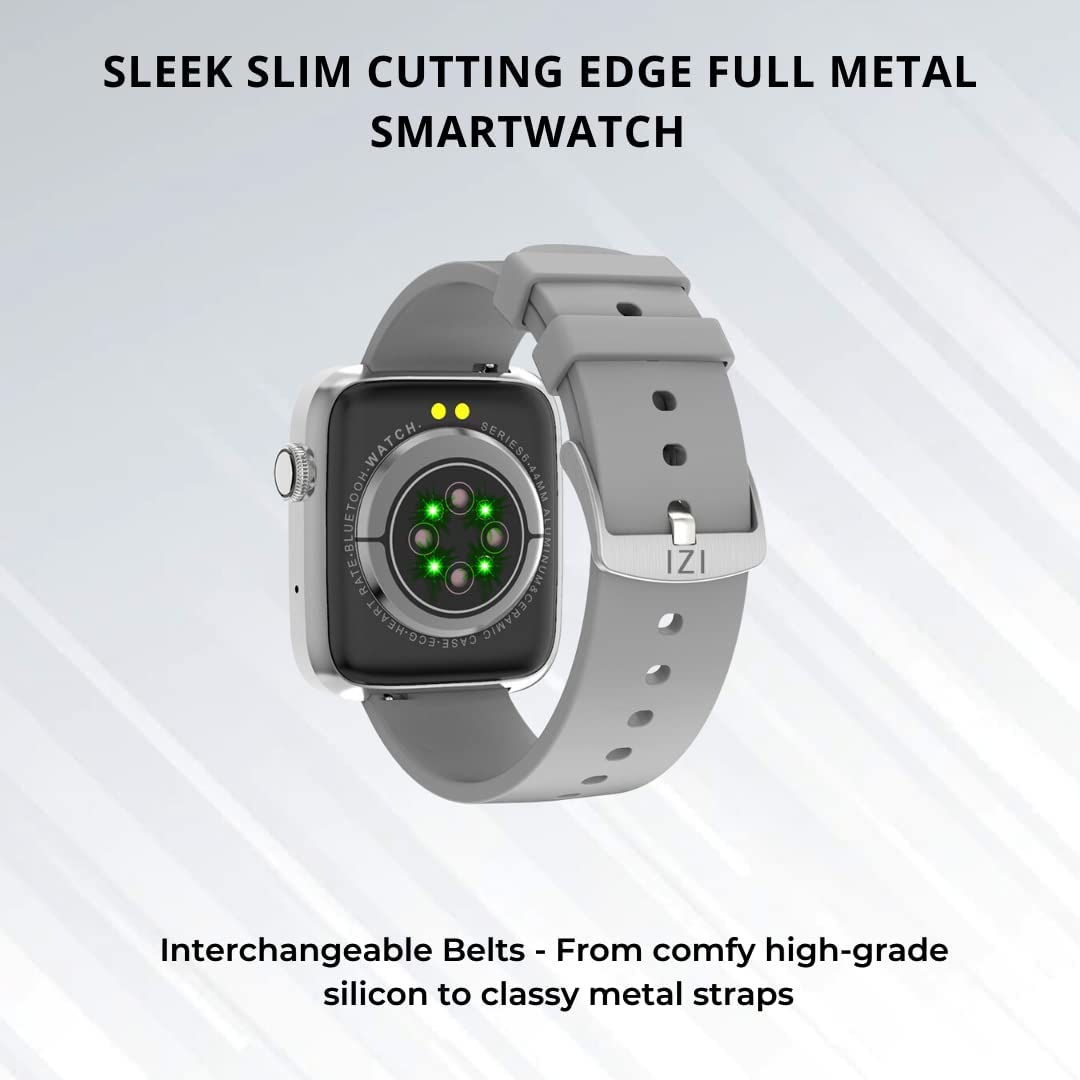 IZI Smart Calling Fitness Smartwatch | Ultra 3D Full Touch HD | Health Suite and Sports Tracking Mode | AI Voice Assistant | 200+ Watch Faces (Square + Grey Silicone) - IZI
