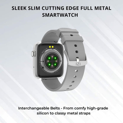 IZI Smart Calling Fitness Smartwatch | Ultra 3D Full Touch HD | Health Suite and Sports Tracking Mode | AI Voice Assistant | 200+ Watch Faces (Square + Grey Silicone) - IZI