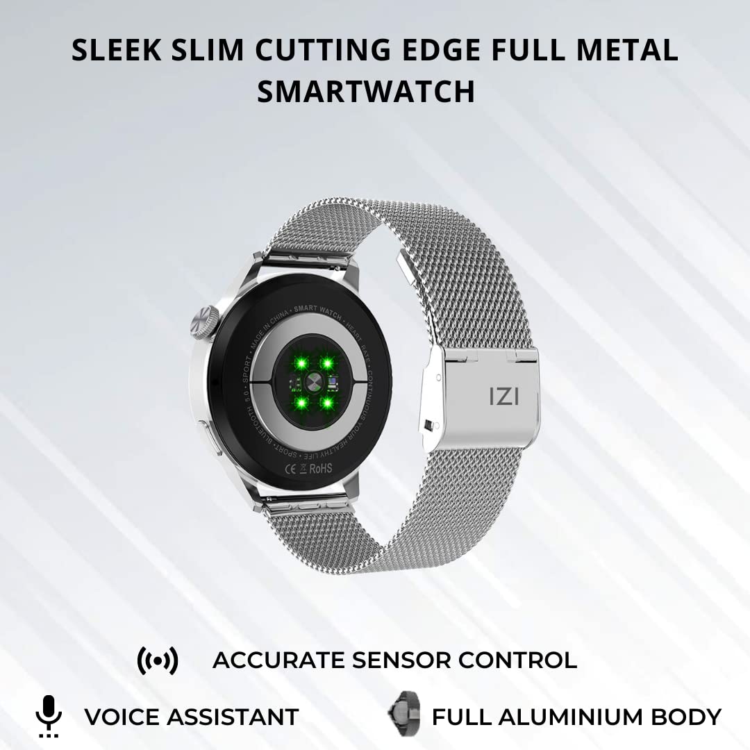 IZI Smart Plus Calling Fitness GPS Trajectory NFC Watch | Retina HD Frameless 4D Display | Health Suite & Sports Tracking | AI Voice Assistant | 200+ Watch Faces (Round + Grey Metal) - IZI