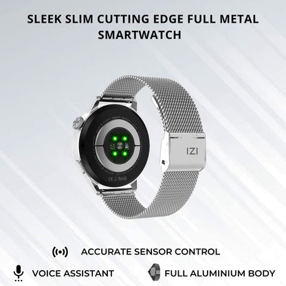 IZI Smart Plus Calling Fitness GPS Trajectory NFC Watch | Retina HD Frameless 4D Display | Health Suite & Sports Tracking | AI Voice Assistant | 200+ Watch Faces (Round + Grey Metal) - IZI