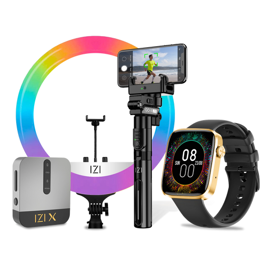 IZI GOX Lite Gimbal Creator Combo | Includes Ring Light + Wireless Microphone + Smart Pro Smartwatch– All-in-One Kit