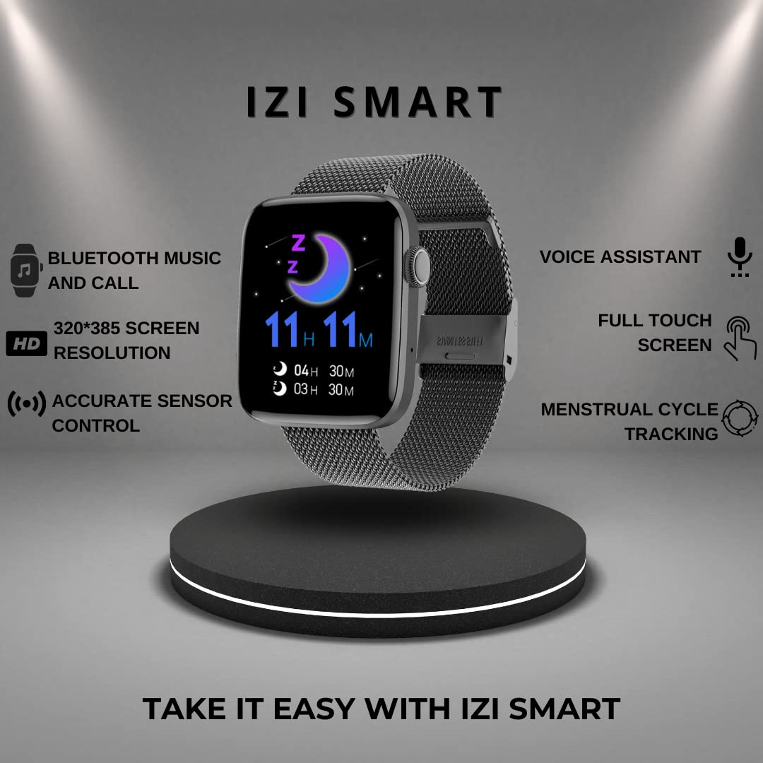 IZI Smart Calling Fitness Smartwatch | Ultra 3D Full Touch HD | Health Suite and Sports Tracking Mode | AI Voice Assistant | 200+ Watch Faces (Square + Black Metal) - IZI