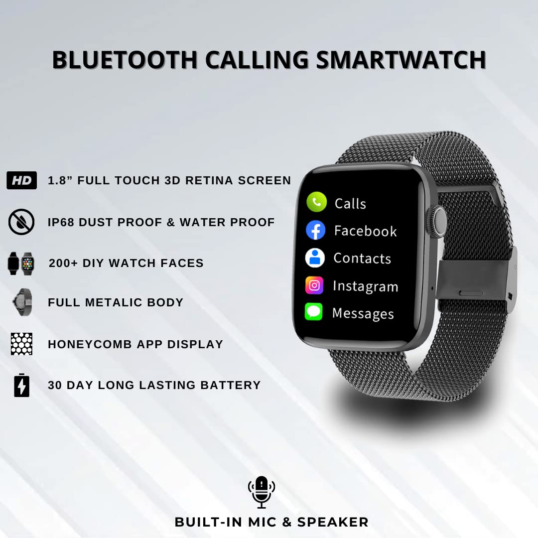 IZI Smart Calling Fitness Smartwatch | Ultra 3D Full Touch HD | Health Suite and Sports Tracking Mode | AI Voice Assistant | 200+ Watch Faces (Square + Black Metal) - IZI