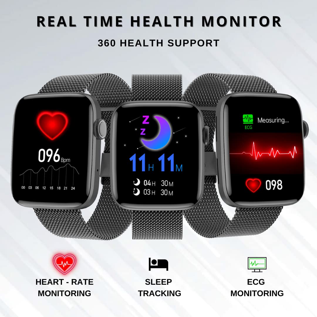 IZI Smart Calling Fitness Smartwatch | Ultra 3D Full Touch HD | Health Suite and Sports Tracking Mode | AI Voice Assistant | 200+ Watch Faces (Square + Black Metal) - IZI