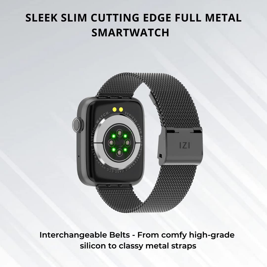 IZI Smart Calling Fitness Smartwatch | Ultra 3D Full Touch HD | Health Suite and Sports Tracking Mode | AI Voice Assistant | 200+ Watch Faces (Square + Black Metal) - IZI