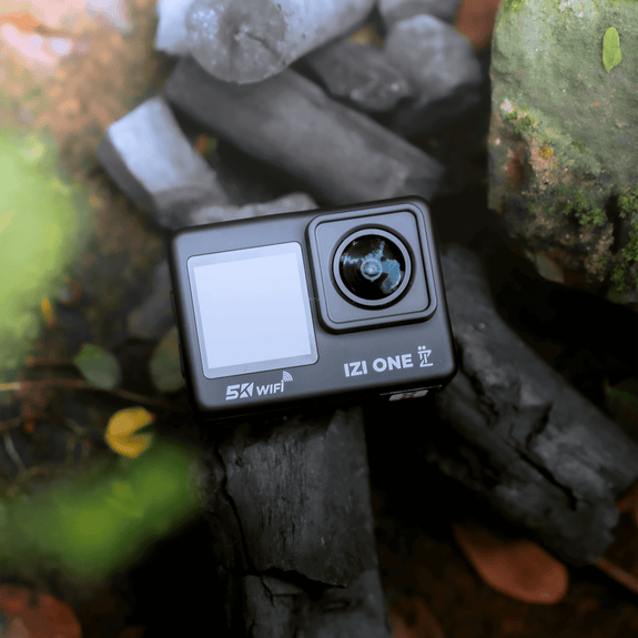 New IZI ONE+ 5K 48MP Action Camera, EIS, 6-Axis Stabilization ,110ft Waterproof, Vlog,170° FOV, Wifi, Dual Screen, Fast C-Type Charge, HQ External Mic Included