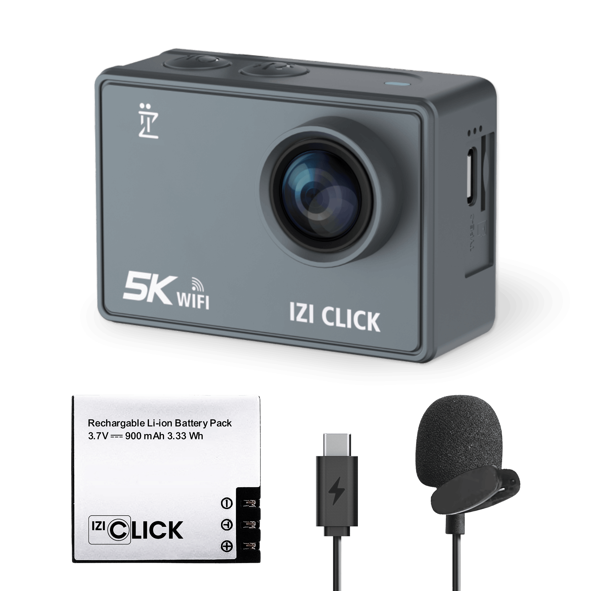 IZI Click 5K 30FPS Budget Action Camera + Type-C HQ Microphone + 950 Mah Li-ion Rechargable and Replaceable Battery Combo
