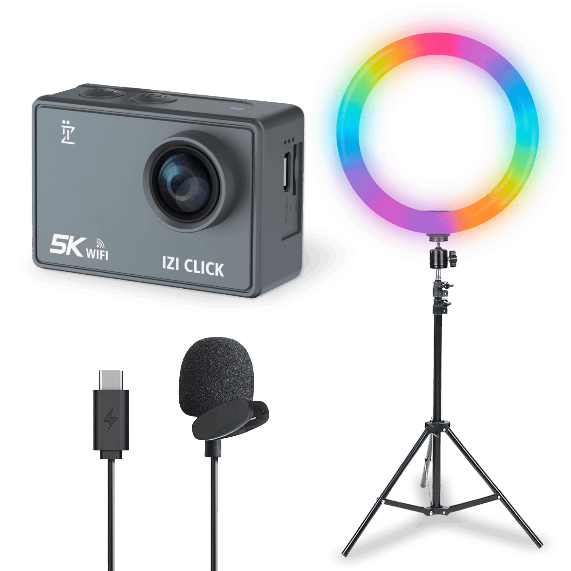 New IZI Click 5K 30FPS Budget Action Camera + IZI LIGHT 16" RGB Ring Light with 7ft tripod stand + IZI Type-C HQ Microphone Exclusively for IZI Click 5K Action camera Combo