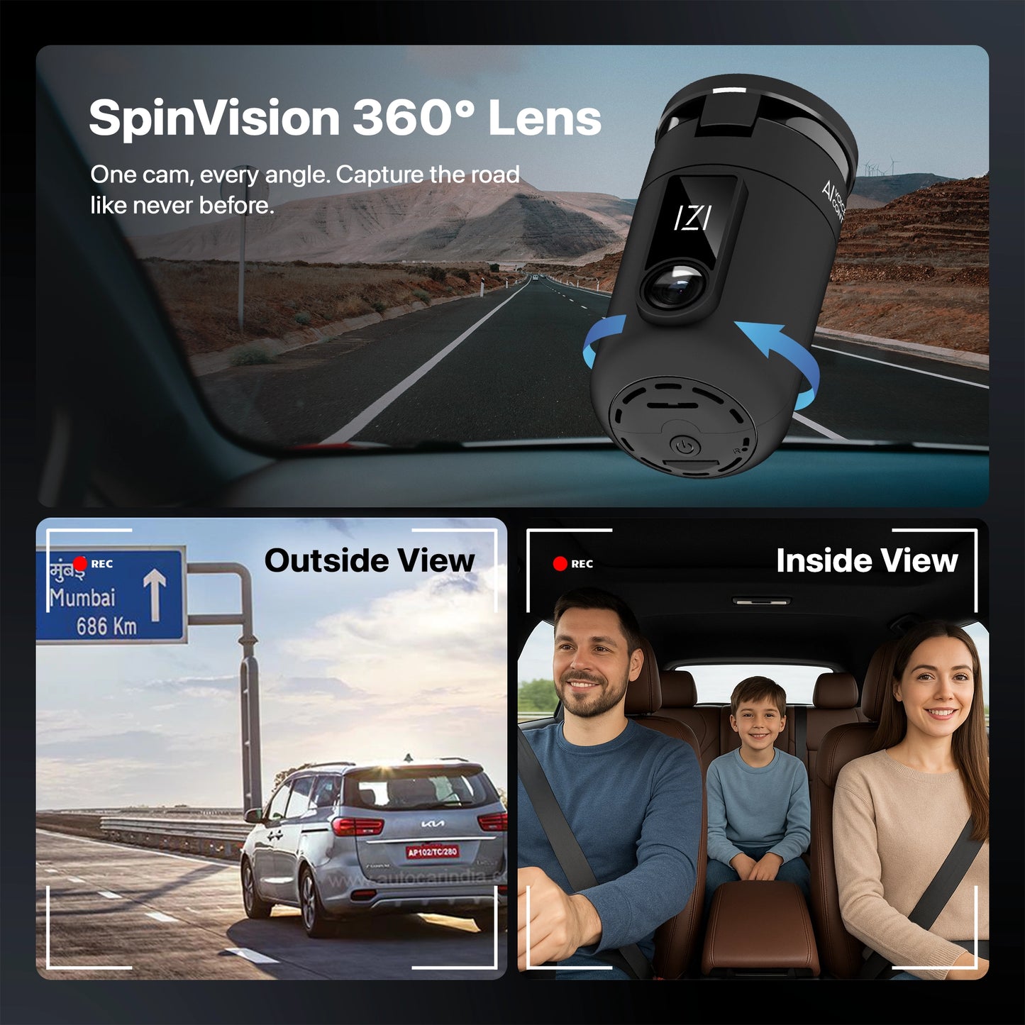 IZI Drive360 Car Dashcam | 360° SpinVision Lens | AI Voice Control | NightSafe HD | 170° Wide Lens | Parking Guard | Impact Detection | 128GB Support | Type-C