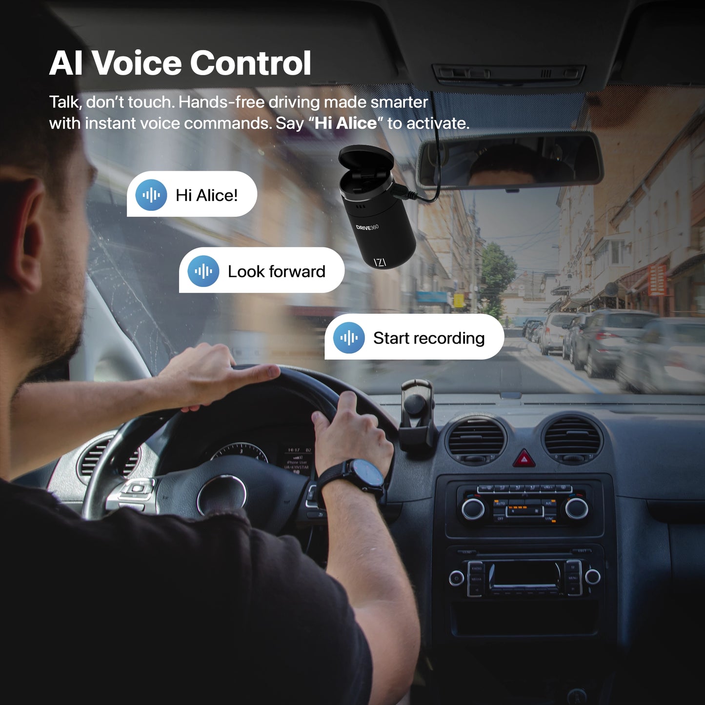 IZI Drive360 Car Dashcam | 360° SpinVision Lens | AI Voice Control | NightSafe HD | 170° Wide Lens | Parking Guard | Impact Detection | 128GB Support | Type-C