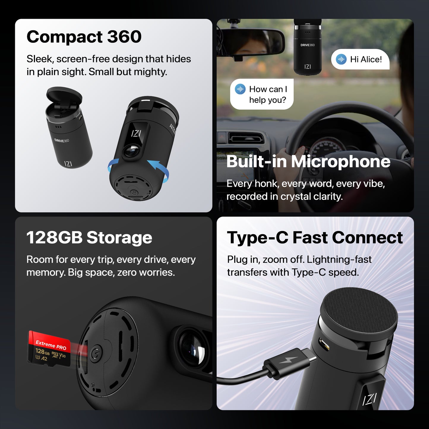 IZI Drive360 Car Dashcam | 360° SpinVision Lens | AI Voice Control | NightSafe HD | 170° Wide Lens | Parking Guard | Impact Detection | 128GB Support | Type-C