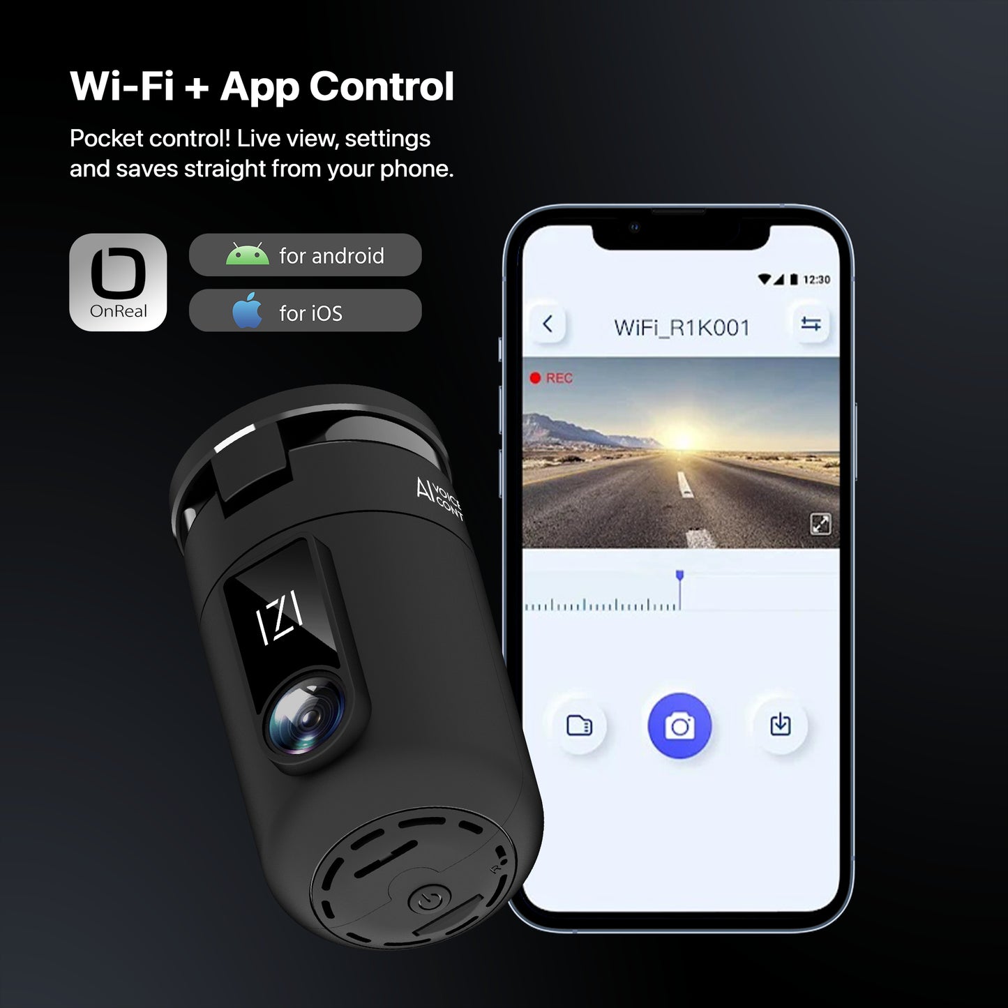 IZI Drive360 Car Dashcam | 360° SpinVision Lens | AI Voice Control | NightSafe HD | 170° Wide Lens | Parking Guard | Impact Detection | 128GB Support | Type-C