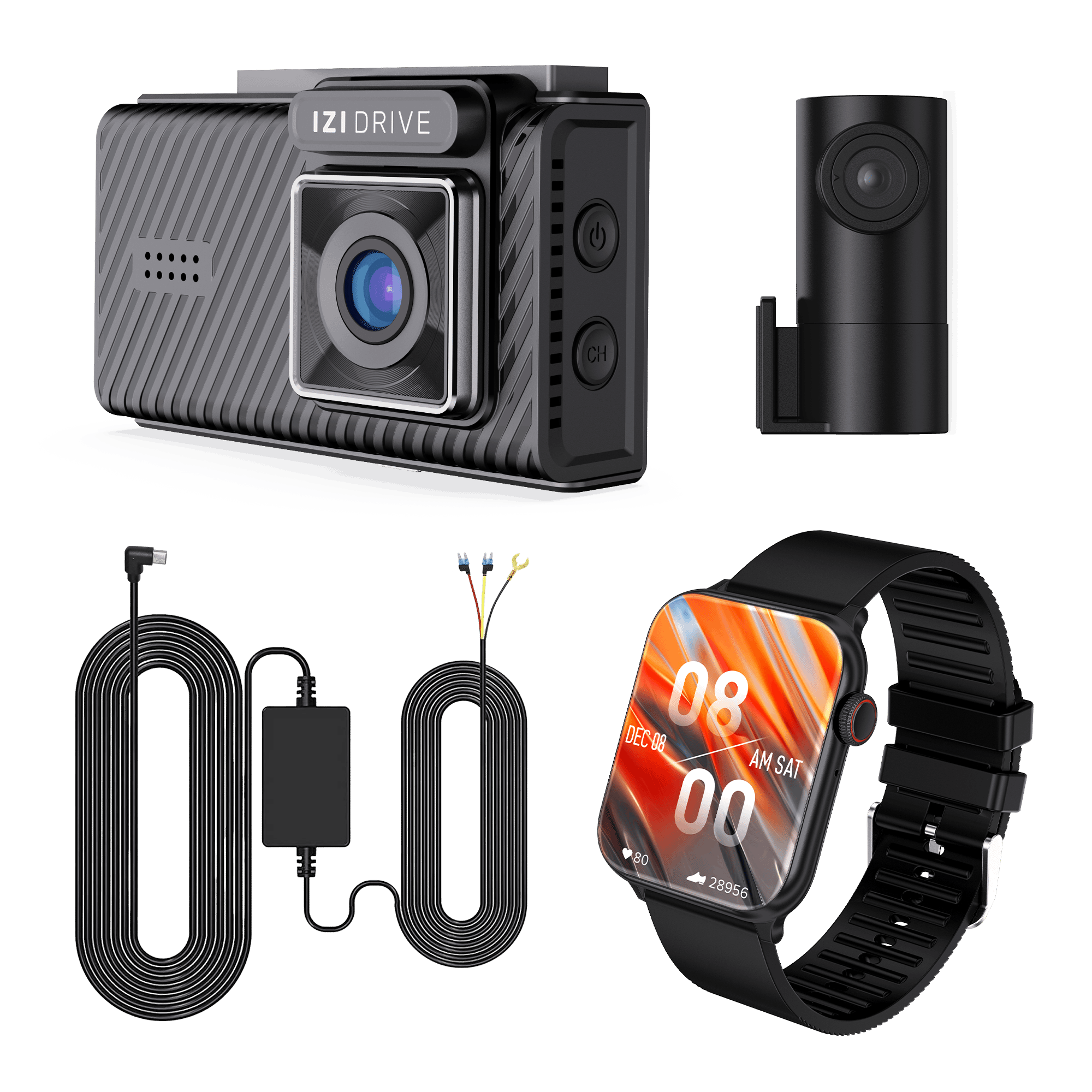 IZI DRIVE Plus 4K Dual Channel Dash Camera with GPS + IZI New Launched Prime plus Smart Watch + IZI Drive Dash Cam USB Hardwire Cable Kit for 24 Hour Parking Monitoring Combo