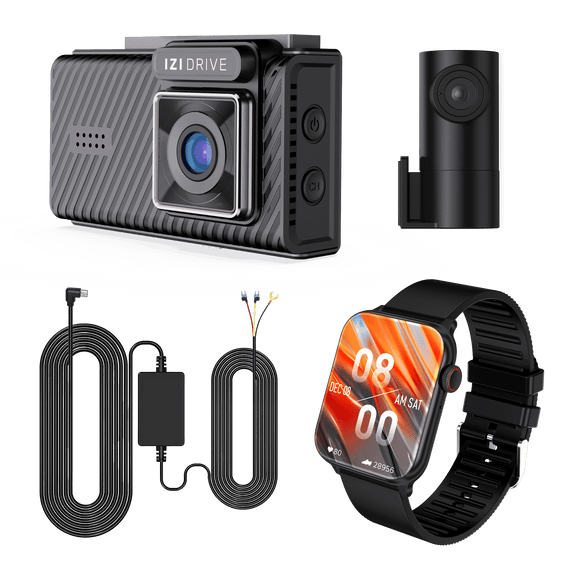 IZI DRIVE Plus 4K Dual Channel Dash Camera with GPS + IZI New Launched Prime plus Smart Watch + IZI Drive Dash Cam USB Hardwire Cable Kit for 24 Hour Parking Monitoring Combo