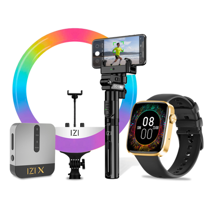 IZI GOX Lite Gimbal Creator Combo | Includes Ring Light + Wireless Microphone + Smart Pro Smartwatch– All-in-One Kit