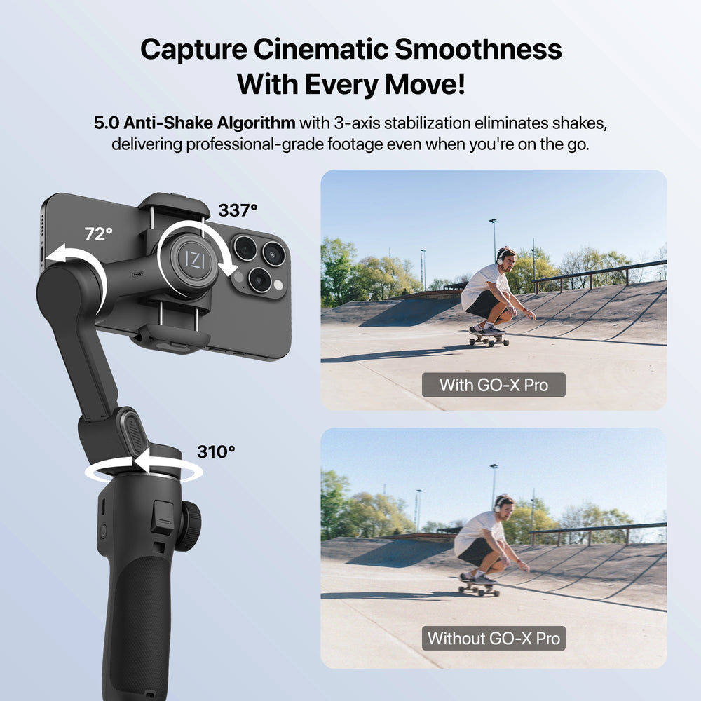IZI GO-X PRO Foldable 3-Axis Smartphone Gimbal with Extendable Telescopic Rod, Pro Modes, AI Face Tracking & 10H Battery Life