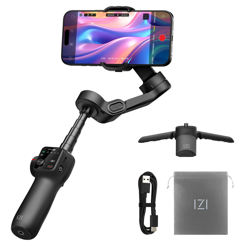IZI GO-X PRO Foldable 3-Axis Smartphone Gimbal with Extendable Telescopic Rod, Pro Modes, AI Face Tracking & 10H Battery Life