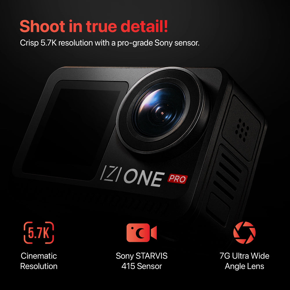 IZI One Pro 5.7K Action Camera with Sony STARVIS Sensor, 6-Axis Stabilization, 20M Waterproof, Dual Screens, 240 Min Battery