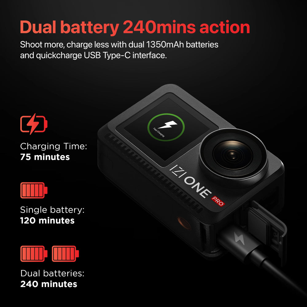 IZI One Pro 5.7K Action Camera with Sony STARVIS Sensor, 6-Axis Stabilization, 20M Waterproof, Dual Screens, 240 Min Battery
