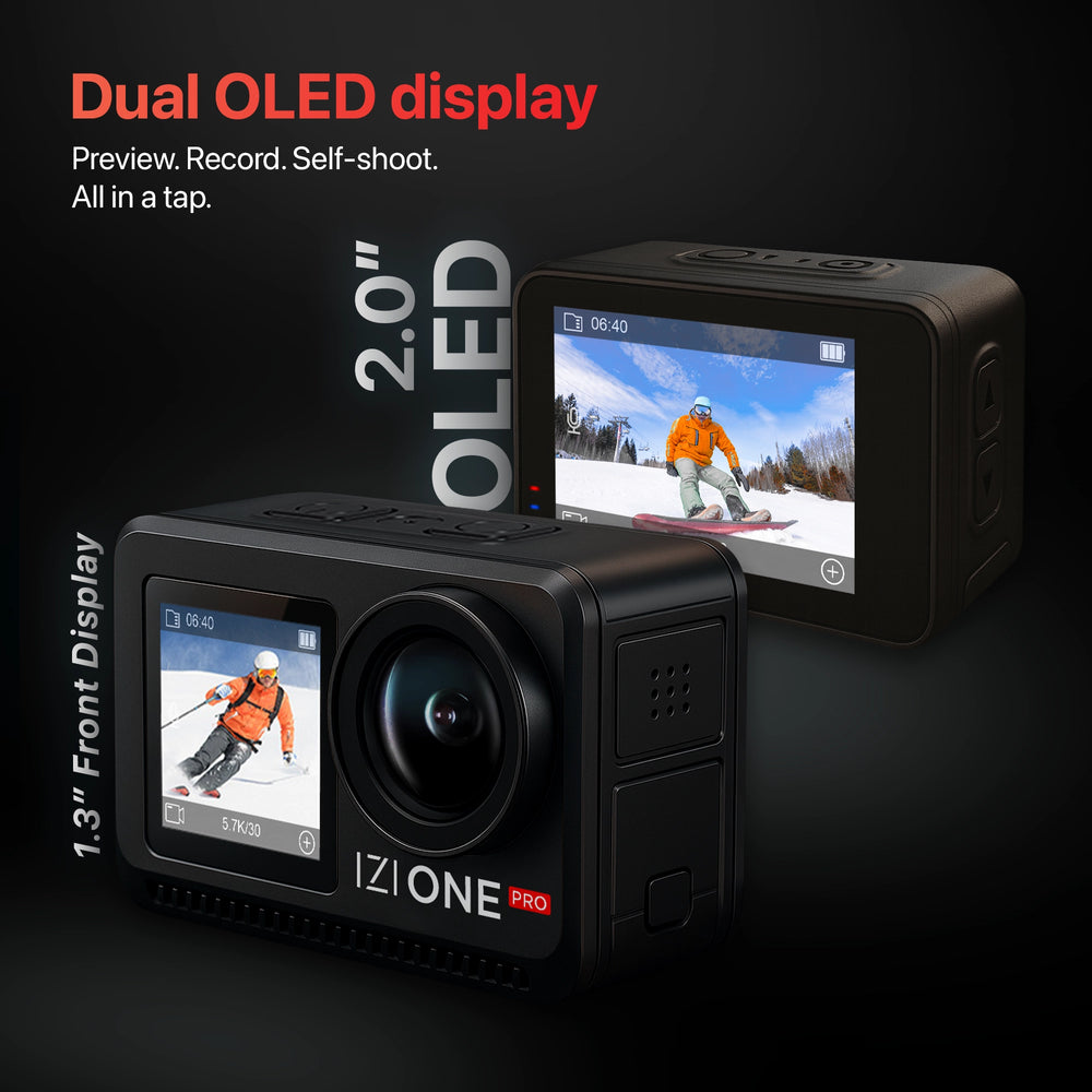 IZI One Pro 5.7K Action Camera with Sony STARVIS Sensor, 6-Axis Stabilization, 20M Waterproof, Dual Screens, 240 Min Battery