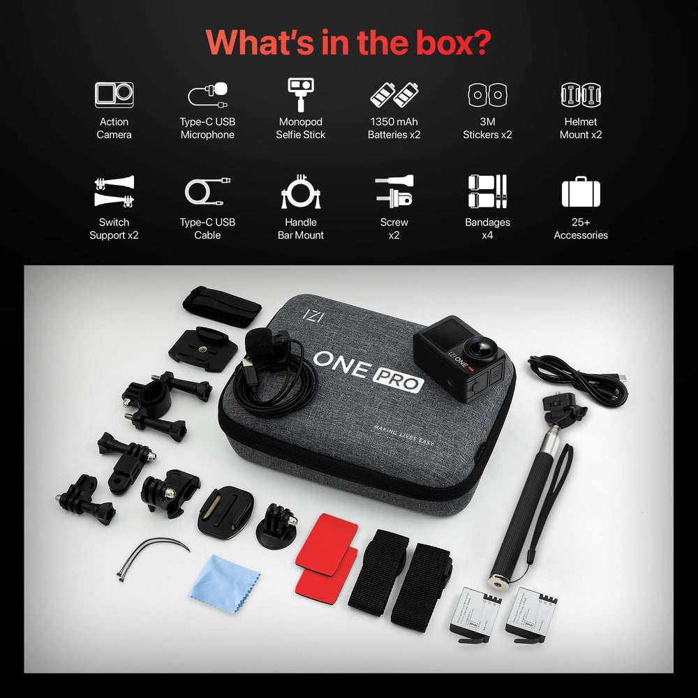 IZI One Pro 5.7K Action Camera with Sony STARVIS Sensor, 6-Axis Stabilization, 20M Waterproof, Dual Screens, 240 Min Battery