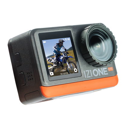 IZI One Lite 5K Action Camera - 4K 60FPS 50MP Ultra HD Moto Vlogging Action Cam, Dual Screen, EIS Stabilization, 170° Wide Angle, 30M Waterproof, 2-Battery - 180 mins action, 256GB SD Card Support