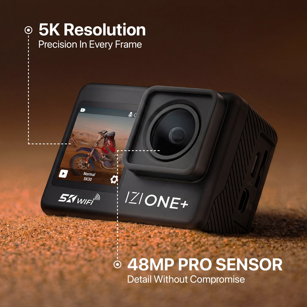IZI ONE Plus 5K UHD Action Camera With Accesories Kit, 48 MP, 6-Axis Stabilization, 110ft Waterproof, 2x Batteries, Fast Charging