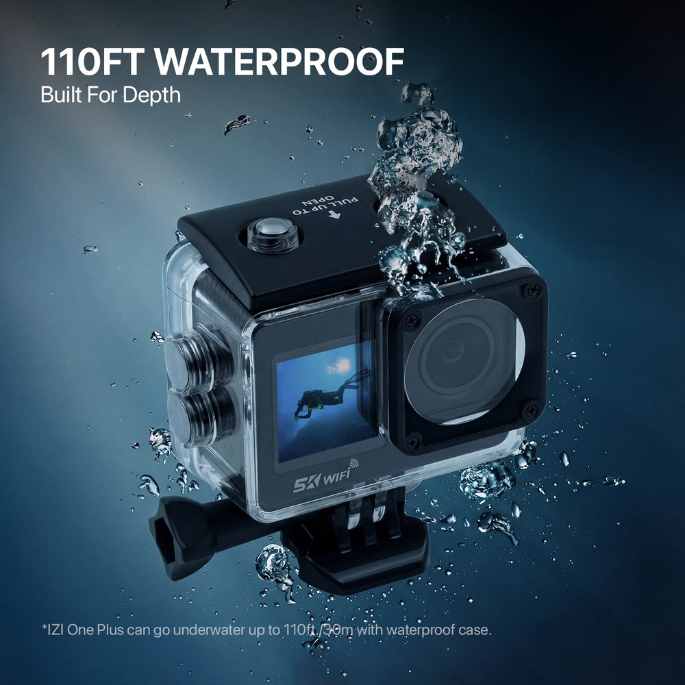 IZI ONE Plus 5K UHD Action Camera With Accesories Kit, 48 MP, 6-Axis Stabilization, 110ft Waterproof, 2x Batteries, Fast Charging