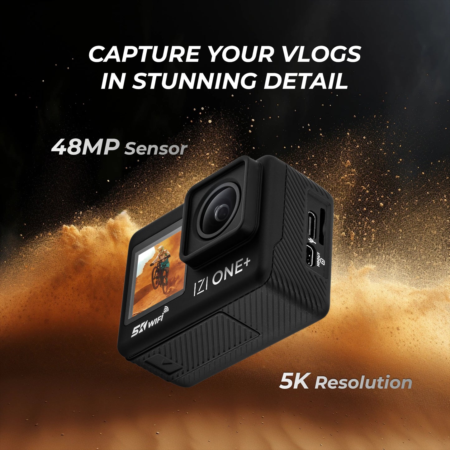 IZI ONE Plus 5K Action Camera – 6-Axis, 110ft Waterproof, Fast Charge