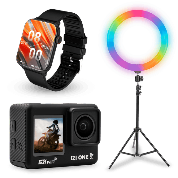 New IZI ONE+ 5K 48MP Action Camera + IZI LIGHT 16" RGB Ring Light with 7ft tripod stand + IZI New Launched Prime+ Smart Watch Combo