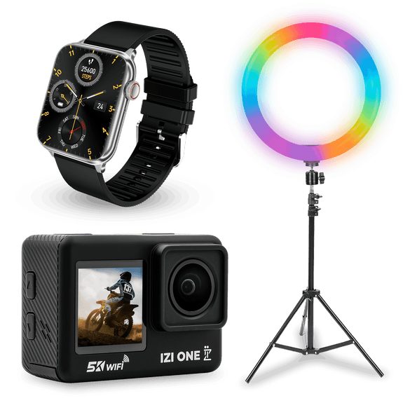 New IZI ONE+ 5K 48MP Action Camera + IZI LIGHT 16" RGB Ring Light with 7ft tripod stand + IZI New Launched Prime+ Smart Watch Combo