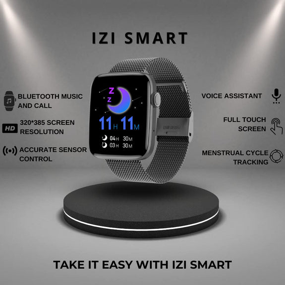 IZI Smart Calling Fitness Smartwatch | Ultra 3D Full Touch HD | Health Suite and Sports Tracking Mode | AI Voice Assistant | 200+ Watch Faces (Square + Black Metal)